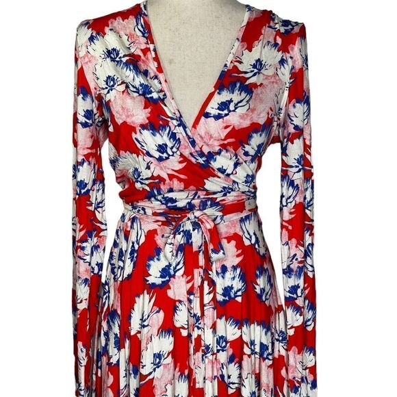 Yumi Kim Red Floral Running in Circles Midi Wrap Dress| Size S - Picture 3 of 8